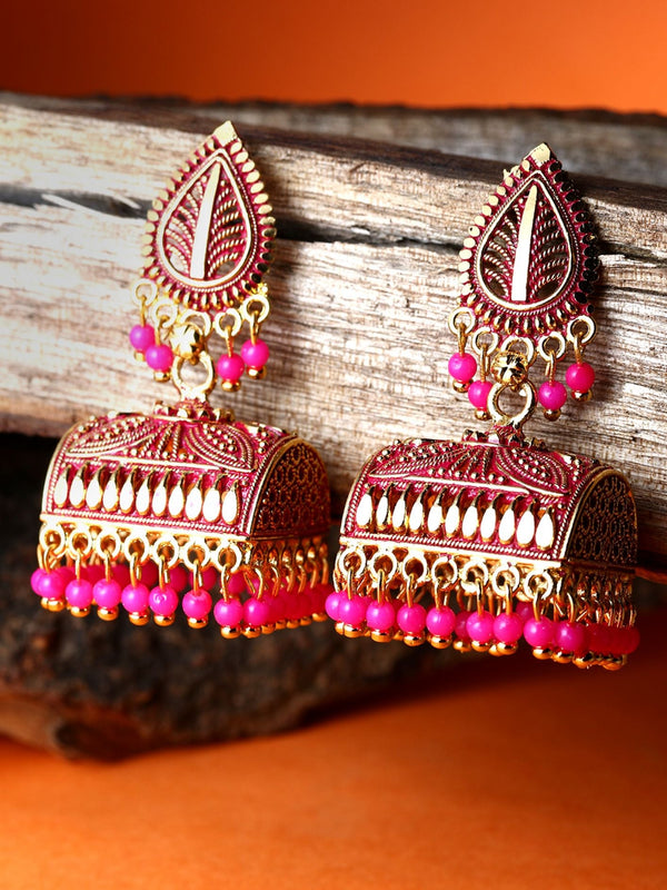 Women's Gold Plated & Pink Leaf Shaped Enamelled Jhumkas - Anikas Creation