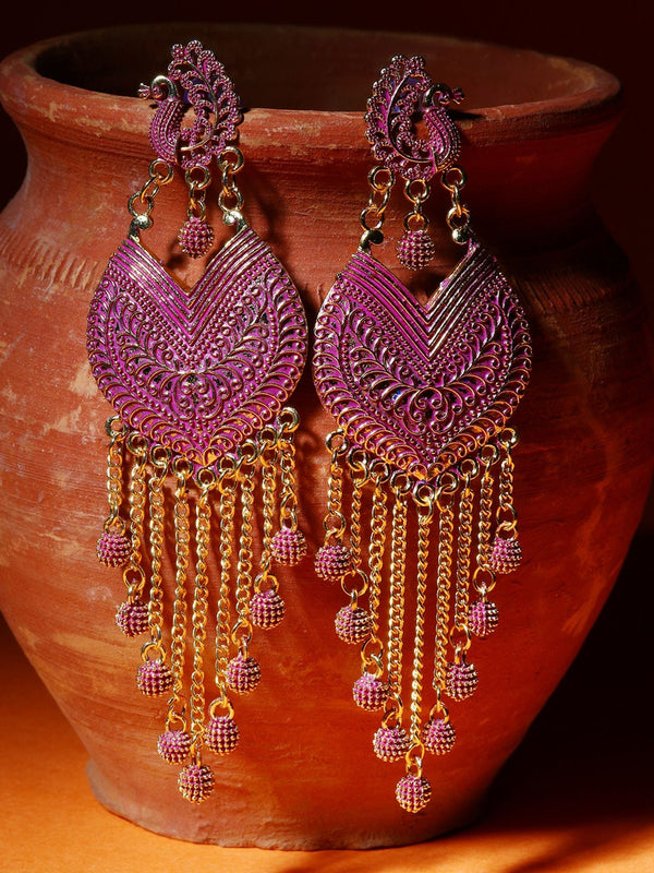 Women's Pink & Gold-Plated Enamelled Peacock Shaped Drop Earrings - Anikas Creation