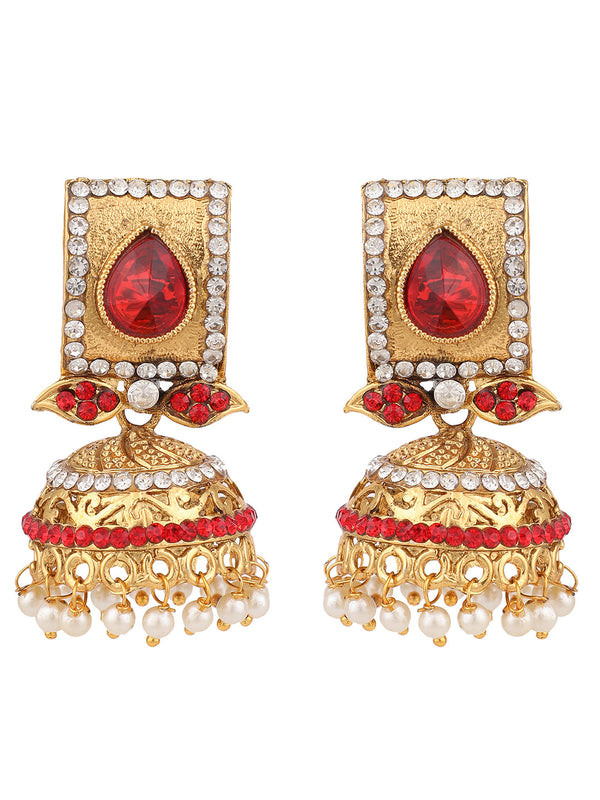 Women's Traditional Gold Plated Red Stone Studded Classy Look Jhumka Earring - Anikas Creation