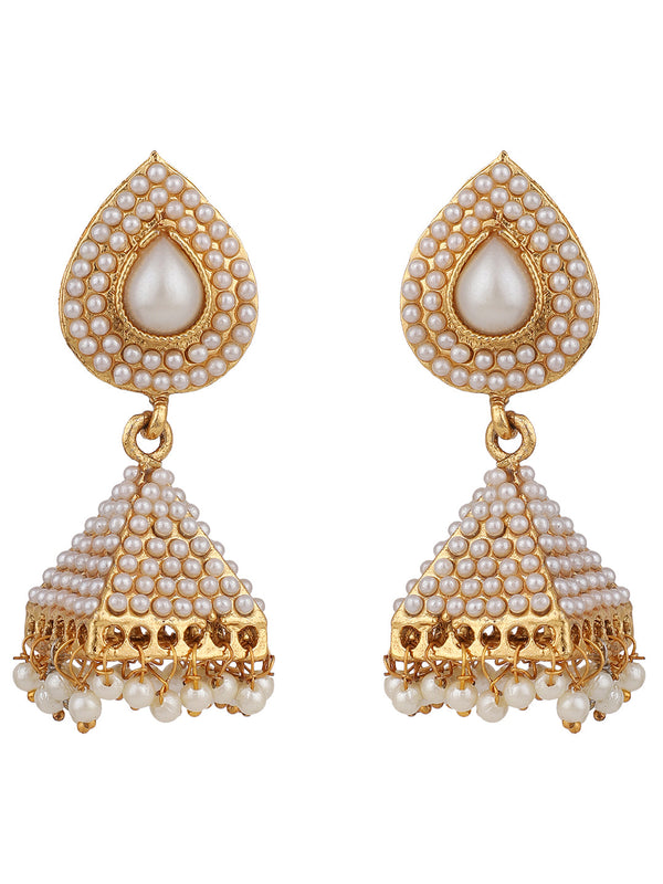 Women's Off White Pearl Traditional Brass Gold Plated Pyramid Shape Jhumka Earring - Anikas Creation