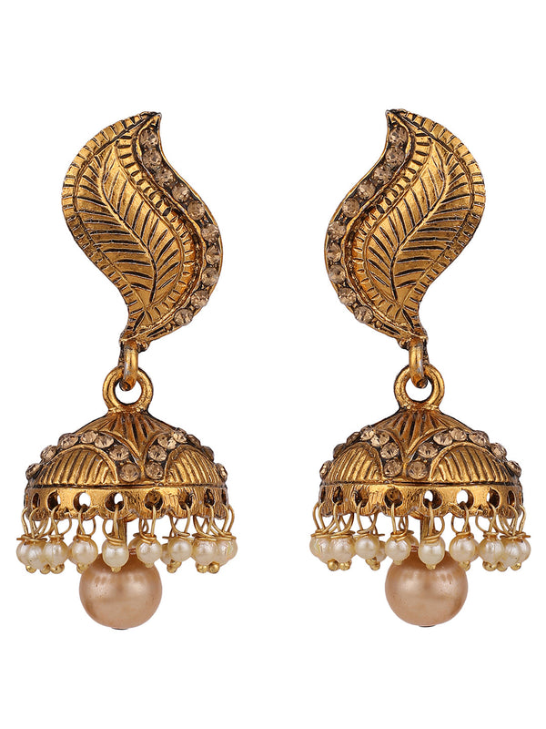 Women's Gold-Toned & Blue Stone Studded & Beaded Dome Shaped Jhumkas Earrings - Anikas Creation