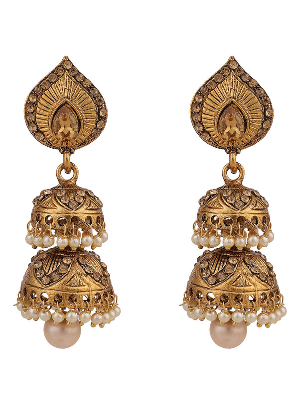 Women's LCT Stone Studded & Beaded 2 Floor Dome Shaped Jhumkas - Anikas Creation