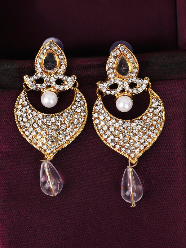 Women's Gold-Toned White Stone & Pearl Studded Contemporary Chandbalis - Anikas Creation