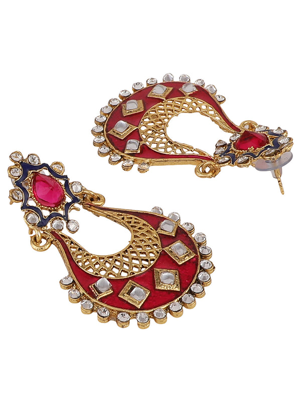 Women's Pink & White Gold Plated Brass Meenakari Chandbali Earring - Anikas Creation