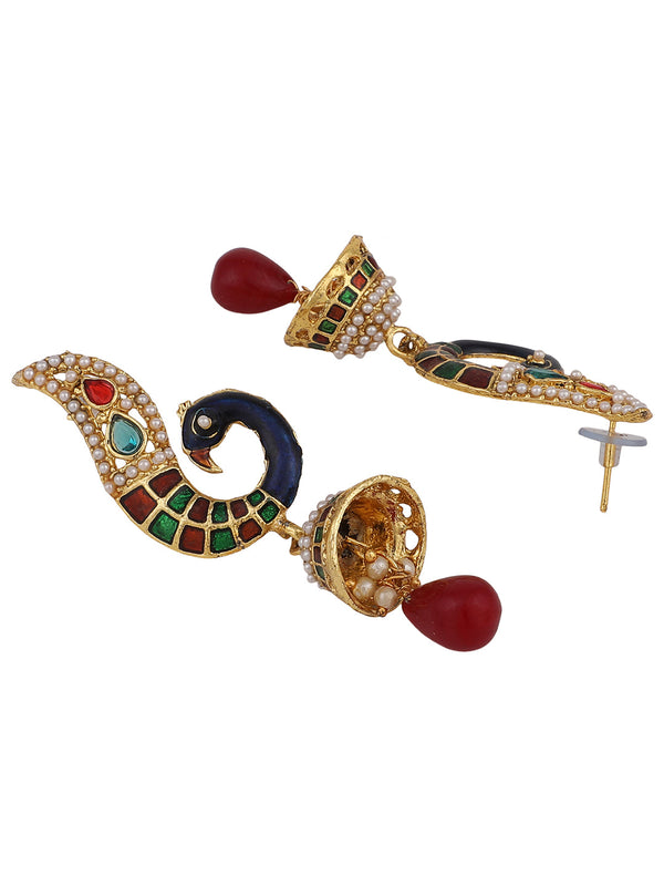 Women's Peacock Motif Gold Plated Meenakari Multicolour Traditional Jhumka Earring - Anikas Creation