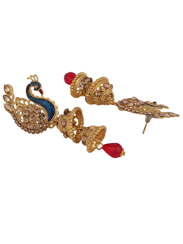 Women's Traditional Peacock Shape LCT Stone Studded 2 Floor Jhumka Earring - Anikas Creation