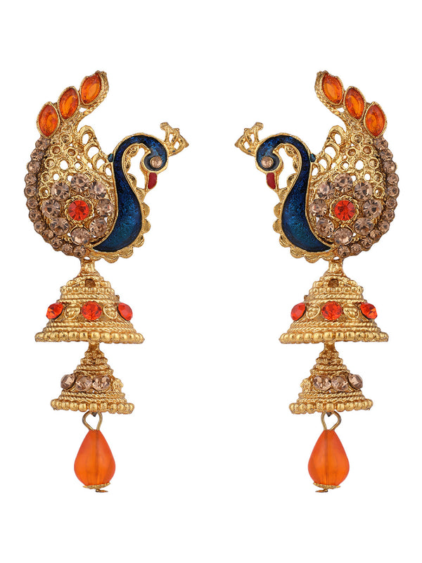 Women's Traditional Peacock Shape Orange Stone Studded 2 Floor Jhumka Earring - Anikas Creation