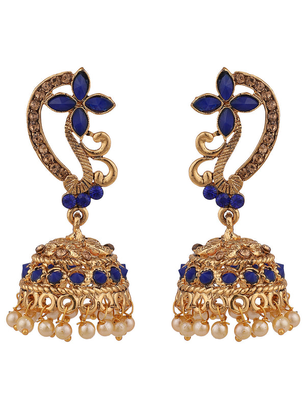 Women's Gold Tone Floral Shaped Stylish Blue Stone Studded Jhumka Earring - Anikas Creation