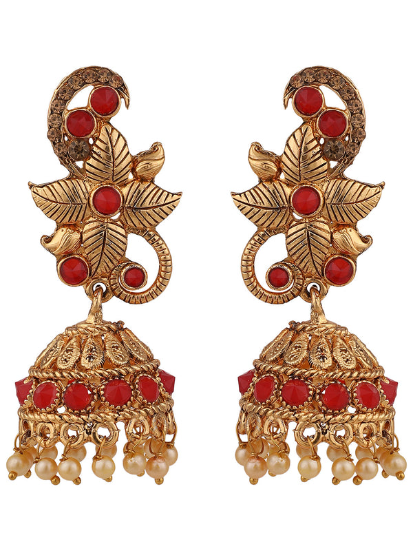 Women's Red Stone Studded Floral Shape Brass Gold Plated Jhumka Earring - Anikas Creation