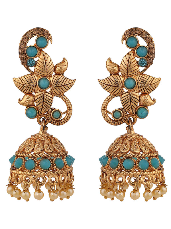 Women's Mint Stone Studded Floral Shape Brass Gold Plated Jhumka Earring - Anikas Creation