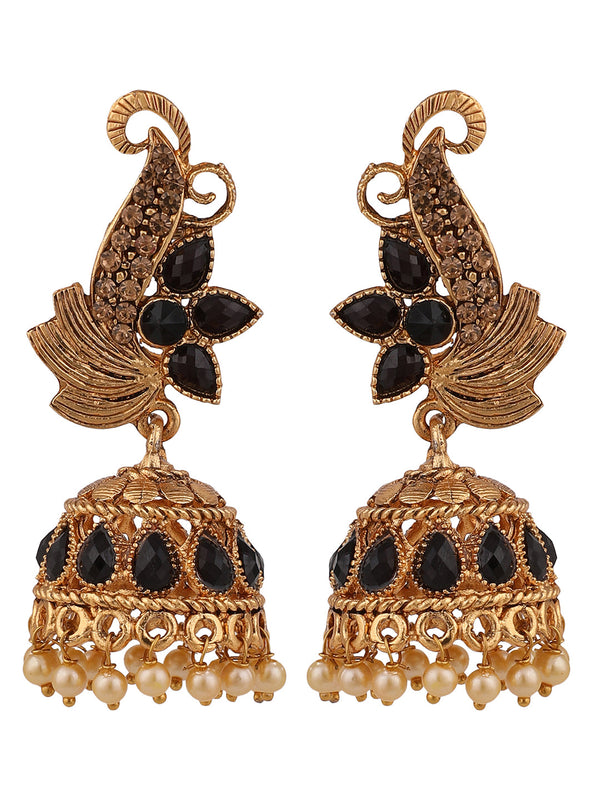 Women's Floral Shaped Stylish Gold Plated Black Stone Studded Jhumka Earring - Anikas Creation