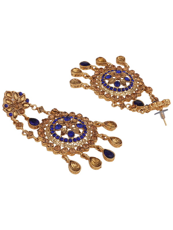 Women's Blue Gold Plated Cubic Zirconia Floral Shape Chandbali Earring - Anikas Creation