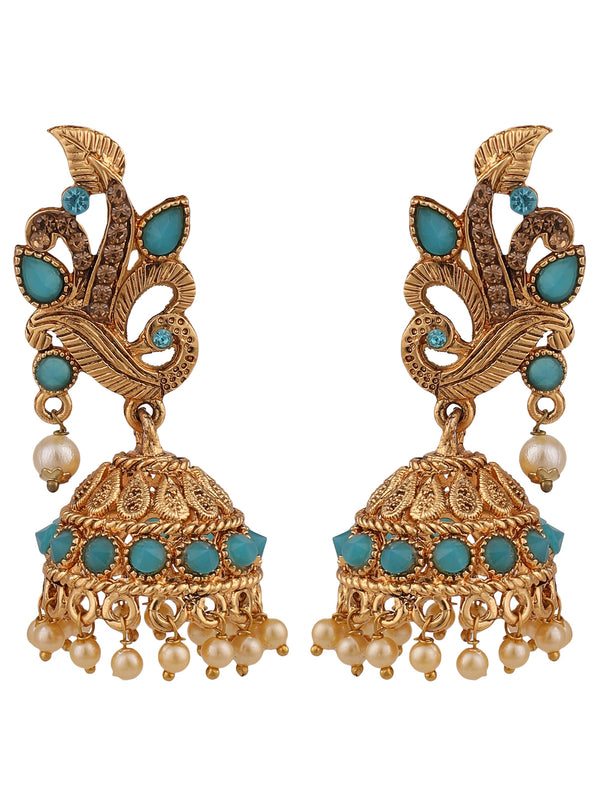 Women's Gold Tone Traditional Brass Turquoise Stone Studded Jhumka/Jhumki - Anikas Creation