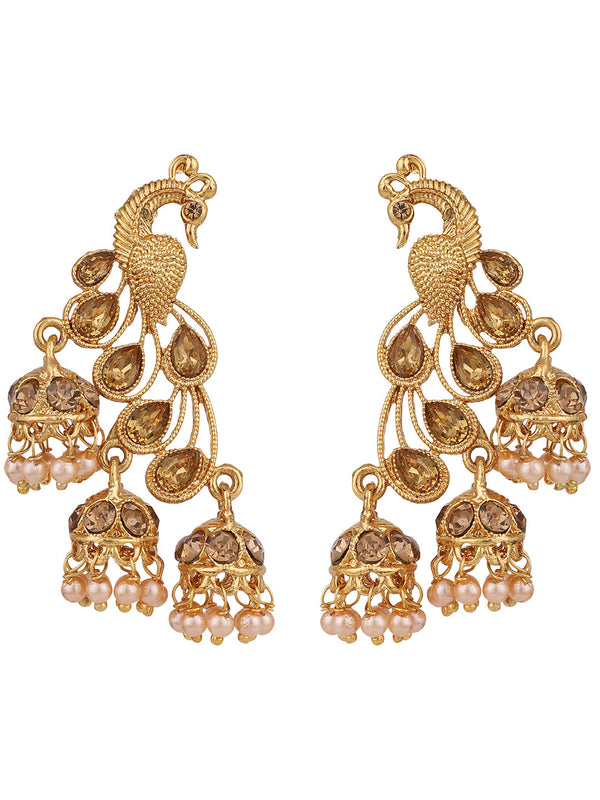 Women's Gold Plated Traditional Brass Peacock Cubic Zirconia 3 Jhumki Earring - Anikas Creation