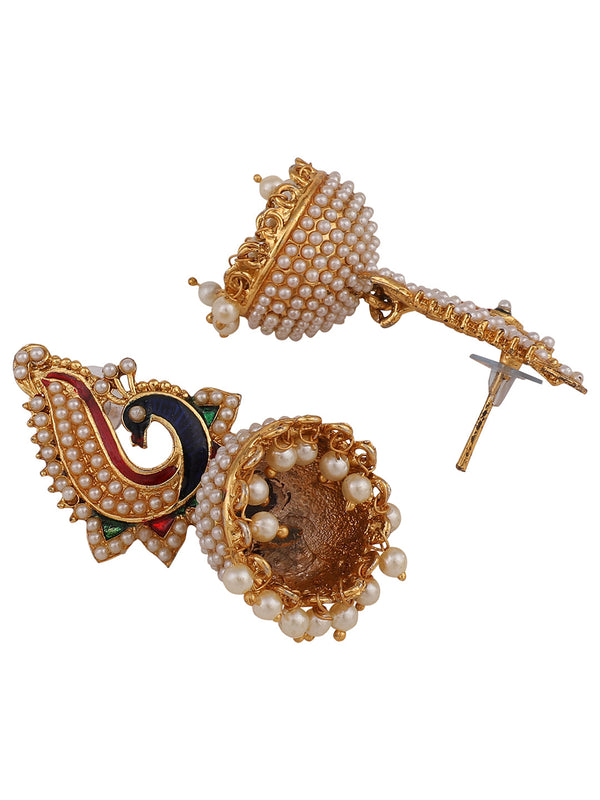 Women's Off-White Peacock Meenakari Pearl Traditional Brass Jhumka - Anikas Creation