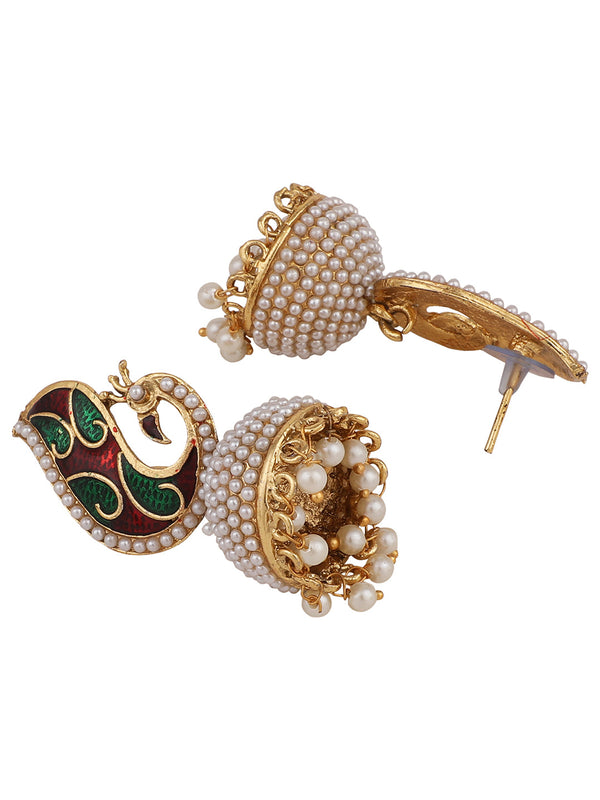 Women's Off-White & Multicolour Peacock Meenakari Pearl Traditional Brass Jhumka - Anikas Creation