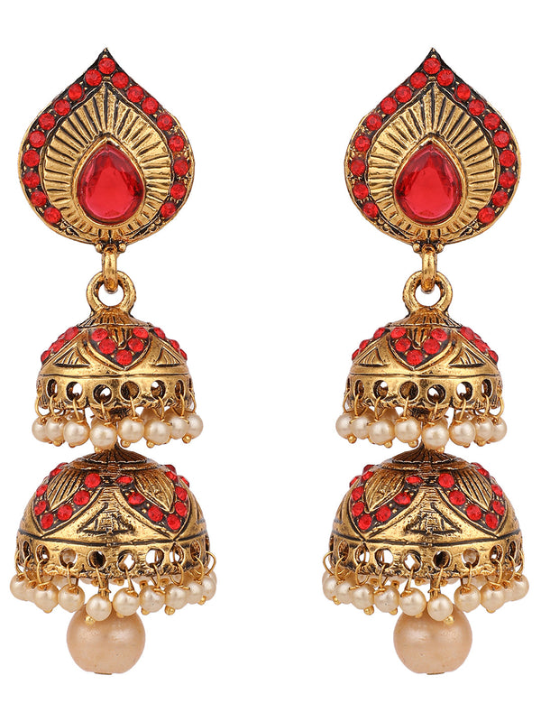 Women's Red Stone Studded & Beaded 2 Floor Dome Shaped Jhumkas - Anikas Creation