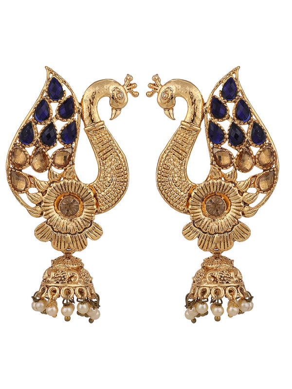 Women's Peacock Shaped Traditional Brass Gold Plated Blue Stone Studded Jhumka Earring - Anikas Creation