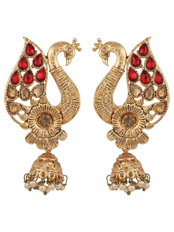 Women's Peacock Shaped Traditional Brass Gold Plated Red Stone Studded Jhumka Earring - Anikas Creation