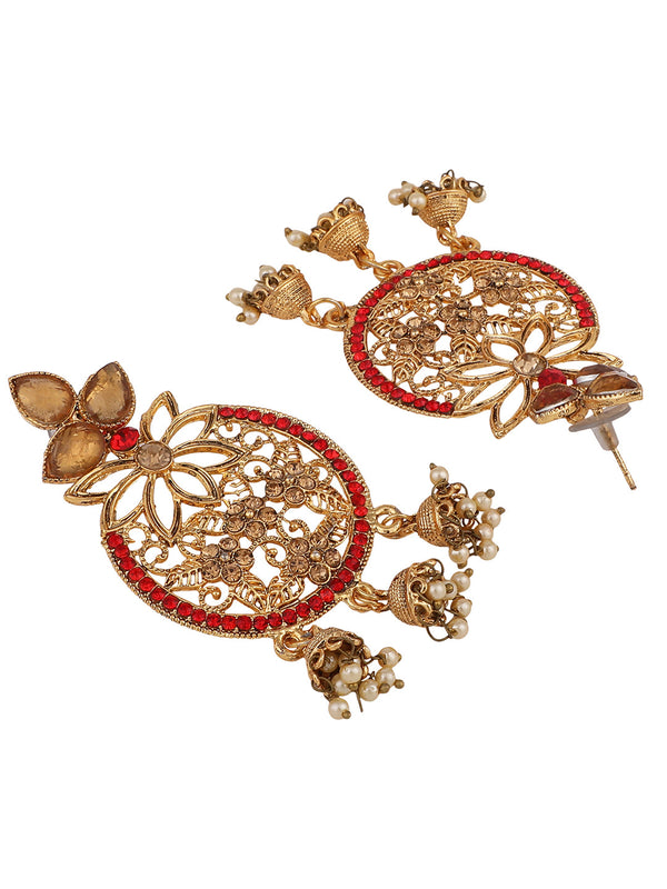 Women's Traditional Gold Plated LCT & RED Cubic Zirconia 3 Jhumki Chandbali Earring - Anikas Creation