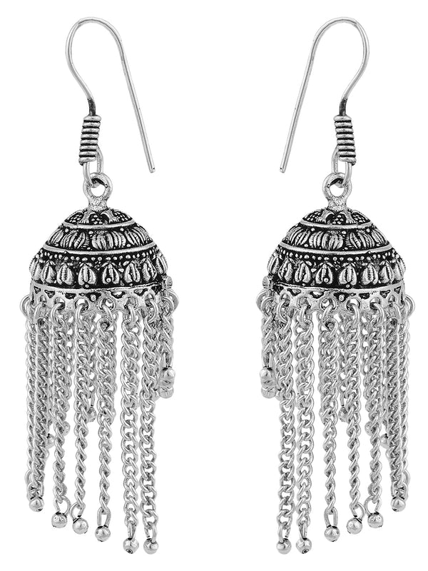 Women's Silver Tone Assemetric Oxidised Taseled Jhumka Earring - Anikas Creation