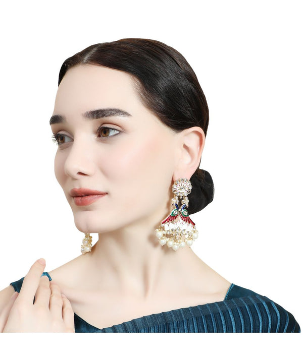 Women's Statement Peacock figure Kundan and Pearl Studded Party and Wedding Wear Earring - MODE MANIA