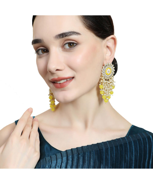 Women's Enameled Lotus Kundan and Pearl Fringed Statement Earring - MODE MANIA