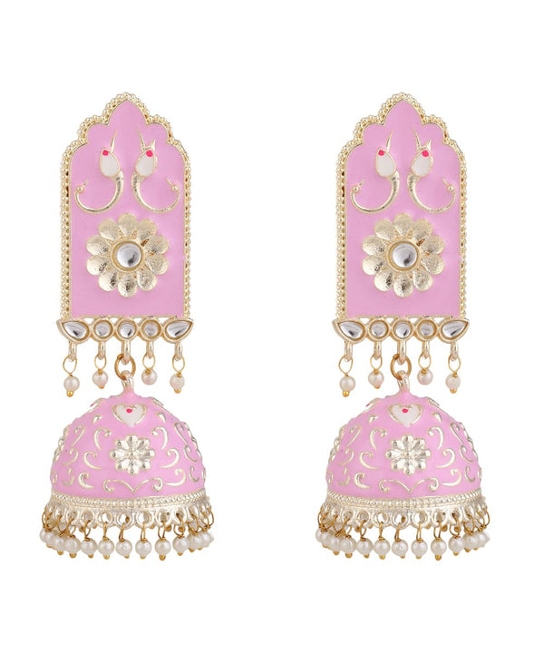 Women's Pink Enameled Statement Ethnic Jhumka Earring - MODE MANIA