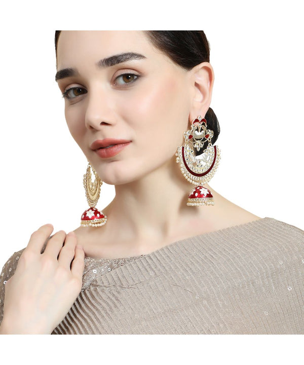 Women's Ethnic Maroon colored Enameled Stone Studded Style Statement Chandbali Jhumka Earring - MODE MANIA