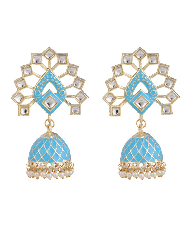 Women's Enameled Kundan Studded Blue Colored Jhumka Earring - MODE MANIA