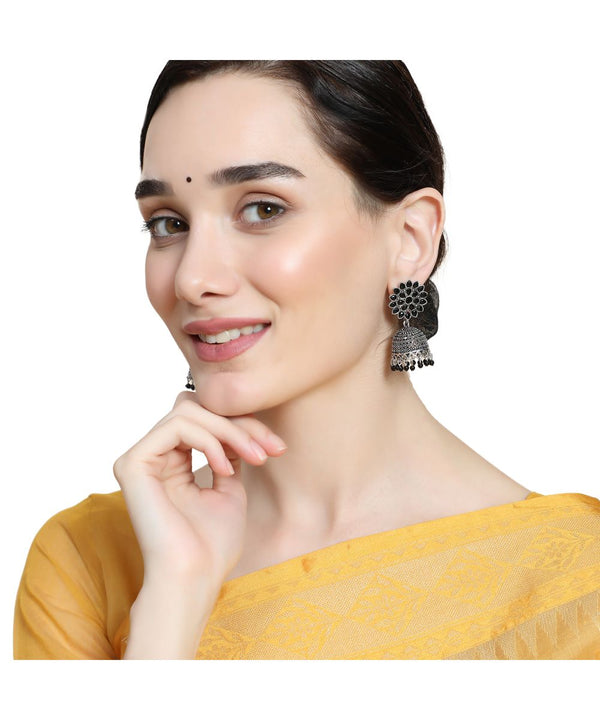 Women's Oxidised Black Colored Stone Studded Classic Jhumka Earring - MODE MANIA