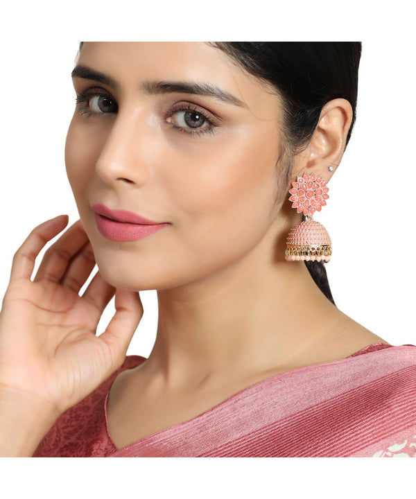 Women's Classic Pink Enameled Stone Studded Jhumka Earrinng - MODE MANIA