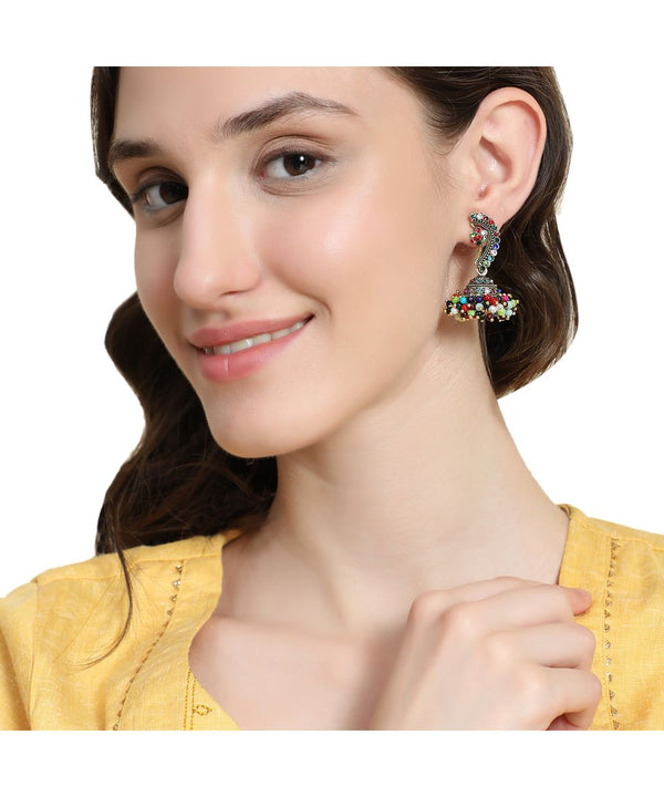 Women's Maharashtran Nath Shaped Multicolor Stone and Pearl Studded Jhumka Earring - MODE MANIA