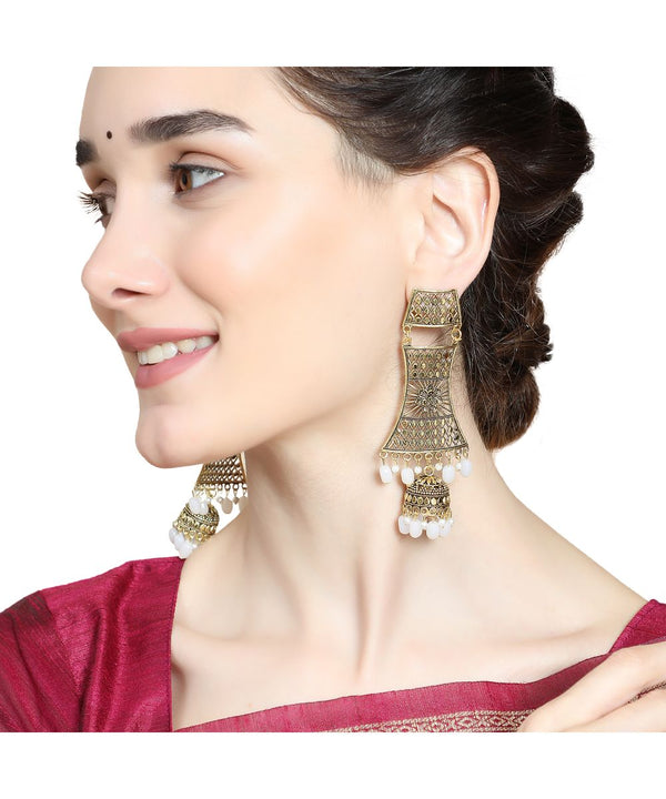 Women's Antique Gold Dangle Drop Statement Jhumka Earring - MODE MANIA