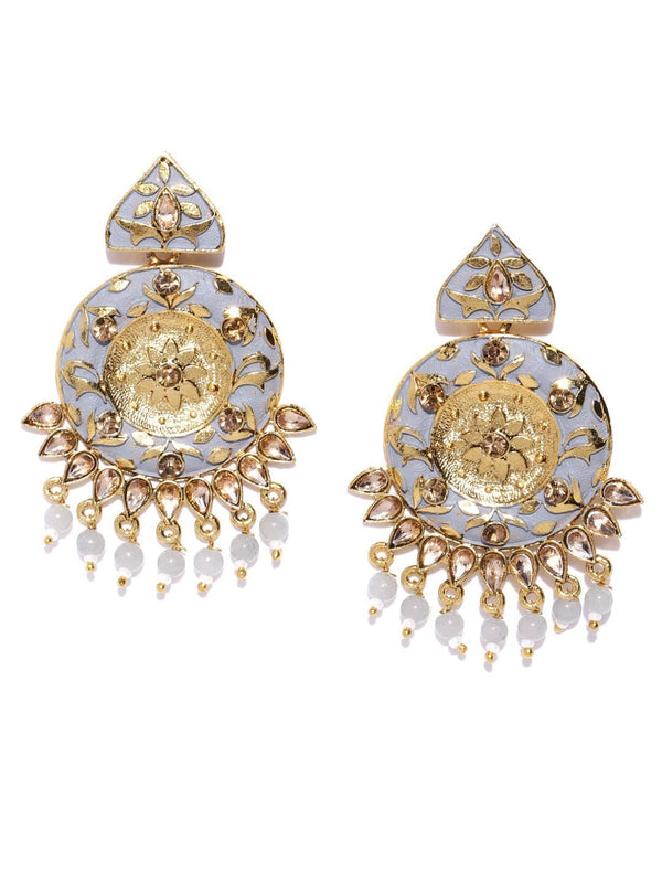 Women's Designer Gold-Plated Stone Studded Round Shape Grey Colour Drop Earrings - Priyaasi