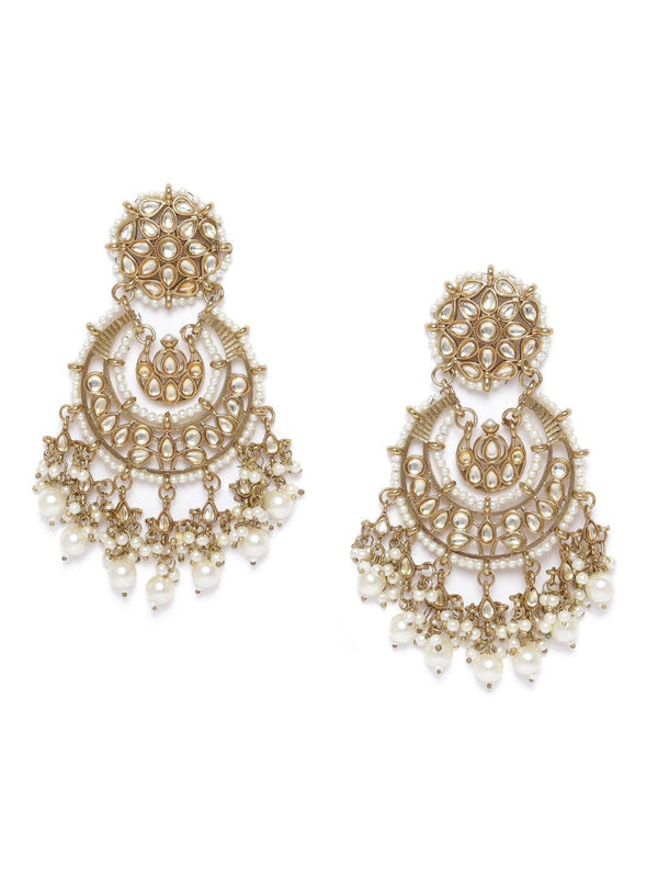 Women's Gold-Plated Stone Studded Chandbali With Pearl Drop - Priyaasi