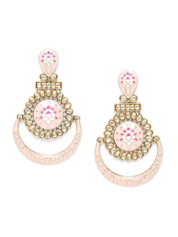 Women's Gold-Plated Stone Studded Handcrafted Chandbali in Peach Color - Priyaasi