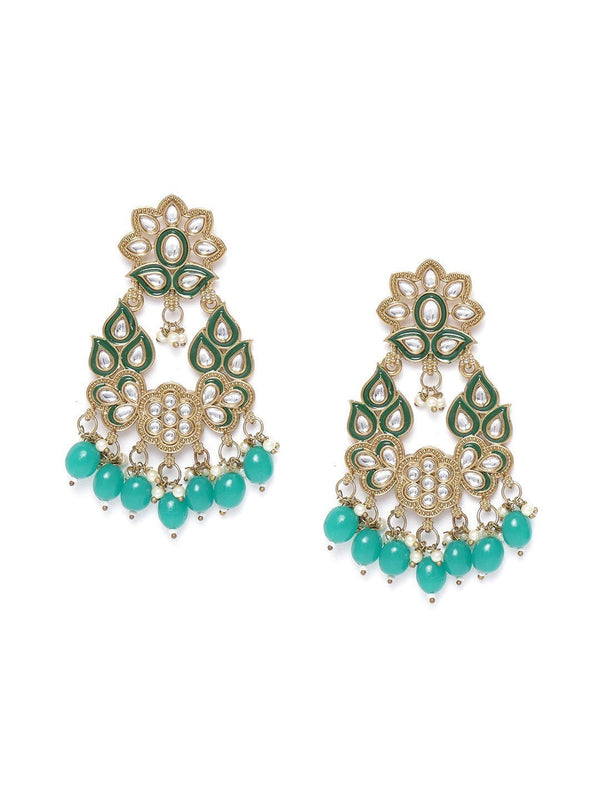 Women's Gold-Plated Kundan Studded Drop Earrings With Green Beads - Priyaasi