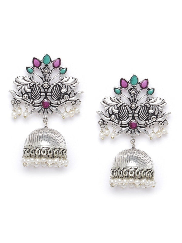 Women's Oxidised Silver-Plated Stone studded Jhumka with Bead drop - Priyaasi