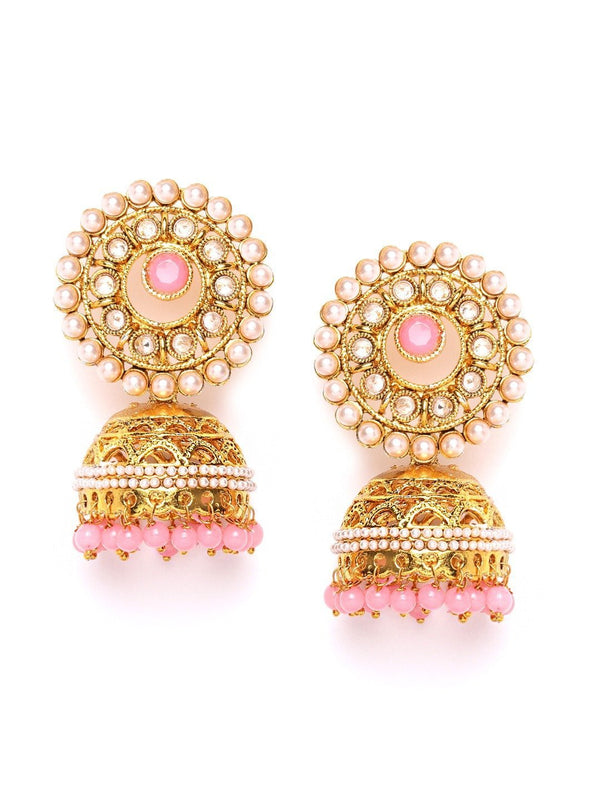 Women's Pink Pearls Studded Jhumka Earrings - Priyaasi