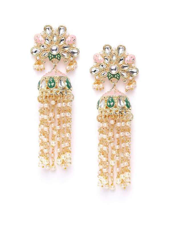 Women's Kundan Studded and Beaded Pink Colored Earrings - Priyaasi