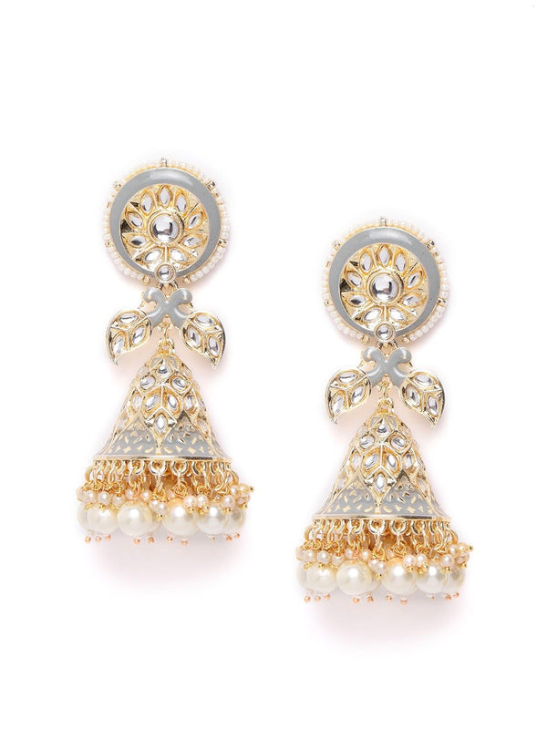 Women's Grey Colored Kundan Studded and Beaded Earrings - Priyaasi