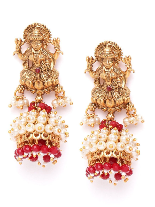 Women's Goddess Shaped and Beaded Gold Plated Earrings - Priyaasi