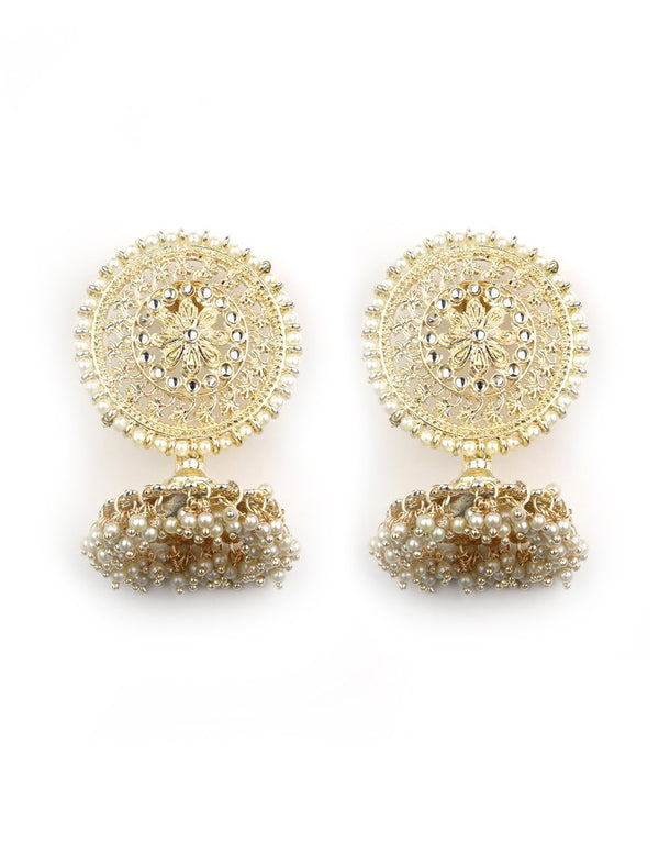 Women's White Beaded Gold Plated Jhumkas - Priyaasi