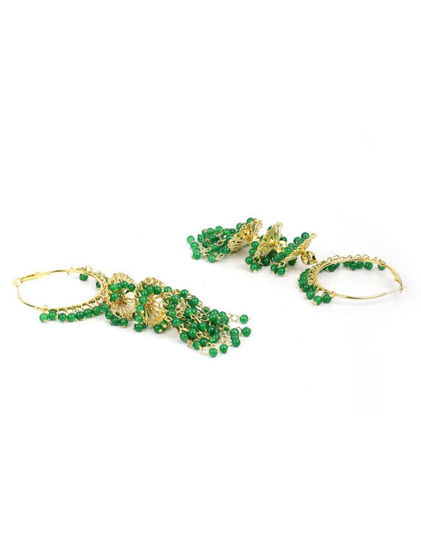 Women's Green Beads Gold Plated Hooped Traditional Jhumka Earring - Priyaasi