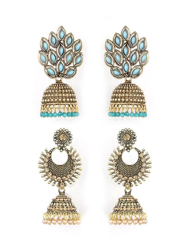 Women's  Combo Set of 2 Blue Beads Gold Plated Traditional Jhumka Earring - Priyaasi