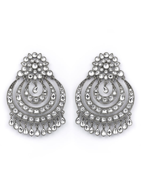 Women's  Black Kundan Gunmetal Plated Traditional Drop Earring - Priyaasi