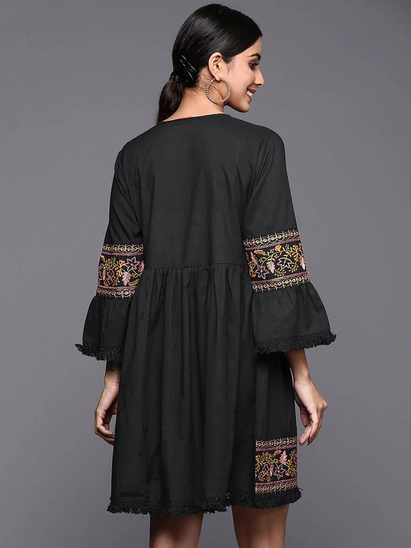 Women's Black Embroidered A-Line Ethnic Dress - Navyaa