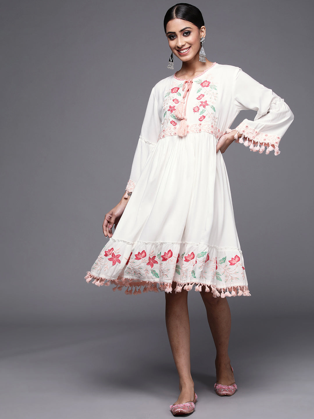 Women's White Floral Embroidered A-Line Dress - Indo Era