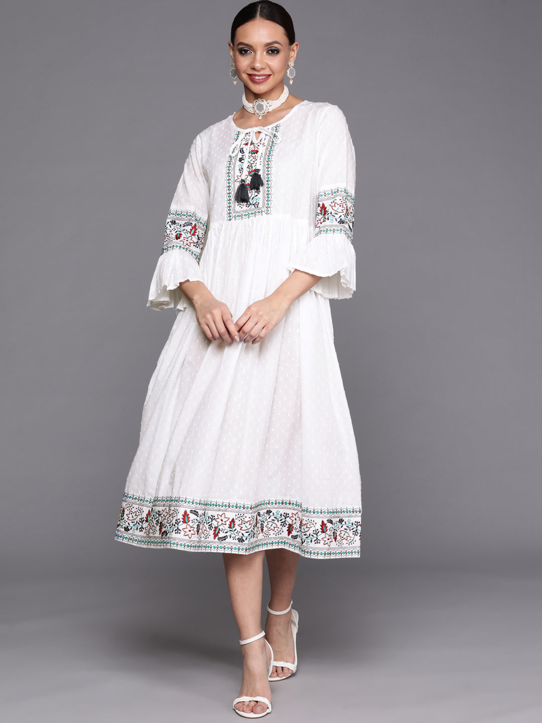 Women's White Floral Embroidered A-Line Dress - Indo Era